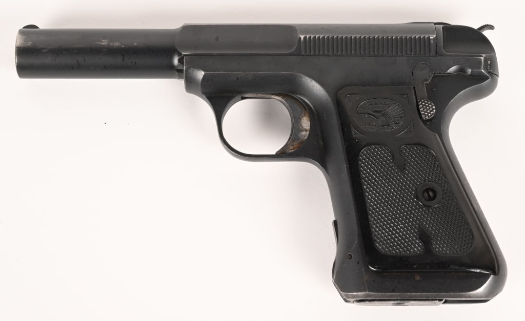 SAVAGE MODEL 1907 SEMI AUTO PISTOL IN 380 ACP.: SERIAL NUMBER :280158 BARREL: 4 1/4" CALIBER: .380 ACP MANUFACTURED: 1913 - 1920. Matte blue finish with blade front sight. Case colored trigger. Black checkered hard rubber grips with Savage Arms mon