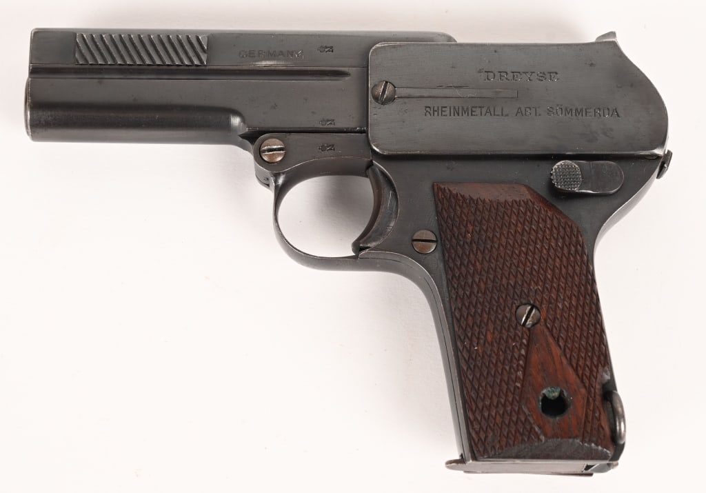 GERMAN DREYSE MODEL 1907 SEMI AUTO PISTOL: SERIAL NUMBER: 238901. BARREL: 3-1/2". CALIBER: 7.65MM. MANUFACTURED: 1910 - 1913 "Rheinische" factory markings on the left side of the frame. No import/export marks found. "crown/N" commercial proofs
