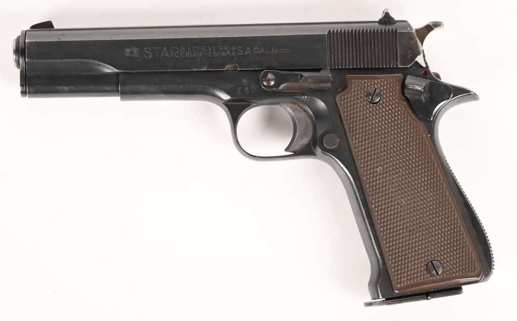 STAR MODELO SUPER 9MM SPANISH MILITARY: SERIAL NUMBER: 329503 BARREL: 5” CALIBER: 9MM MANUFACTURED: 1949 This interesting Spanish military issued Star Modelo Super has the acceptance stamps and flaming bomb proofs on the left side of