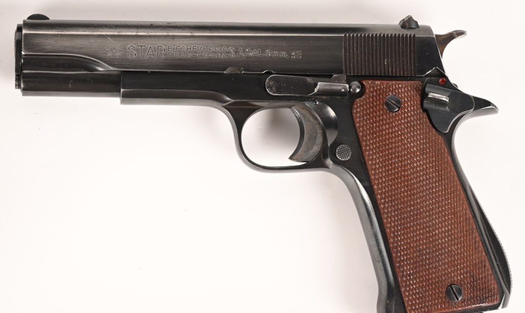 STAR AS 9MM MFD 1960'S: SERIAL NUMBER: 975624 BARREL: 5” CALIBER: 9MM MANUFACTURED: 1960~ Built in the 1960's this Star AS 9mm is equipped with a 5" barrel, original blue finish and checkered composite grips.