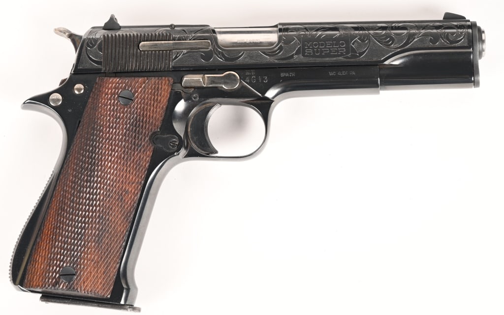 STAR SUPER 38 ENGRAVED MFD 1948: SERIAL NUMBER: 321838 BARREL: 5” CALIBER: 38 SUPER MANUFACTURED: 1948. Built in 1948 and subsequently engraved and restored this neat Star SUPER is equipped with a 5" barrel, bright polish blue