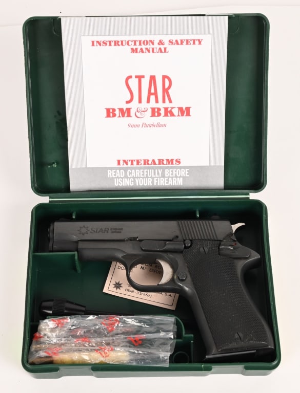 STAR BM9 ORIGINAL BOX MFD 1990'S: SERIAL NUMBER: 1940166 BARREL: 3” CALIBER: 9MM MANUFACTURED: 1995. Built in the mid 1990's this Star BM9 is equipped with a 3" barrel, original blue finish and composite grips. The gun comes in