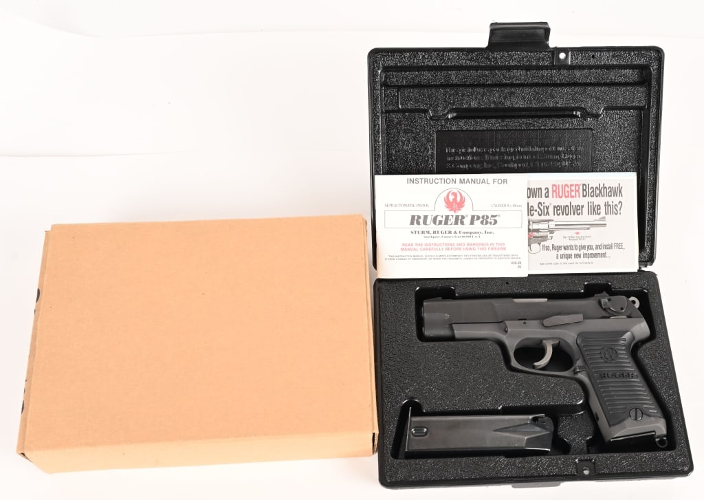 RUGER P85 9MM BOX PAPERS RECEIPT 1989: SERIAL NUMBER: 301-24553 BARREL: 4” CALIBER: 9MM MANUFACTURED: 1989. This early production Ruger P85 comes with the original 1989 dated sales receipt and is complete in the original black