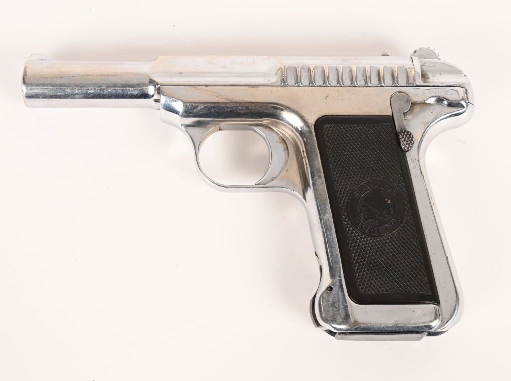 SAVAGE MODEL 107 32 AUTO MFD 1912: SERIAL NUMBER: 61801 BARREL: 3.75” CALIBER: .32 AUTO MANUFACTURED: 1912. Savage Model 107 built before WWI with a period reapplied chrome finish and factory black rubber grips. CONDITION: The