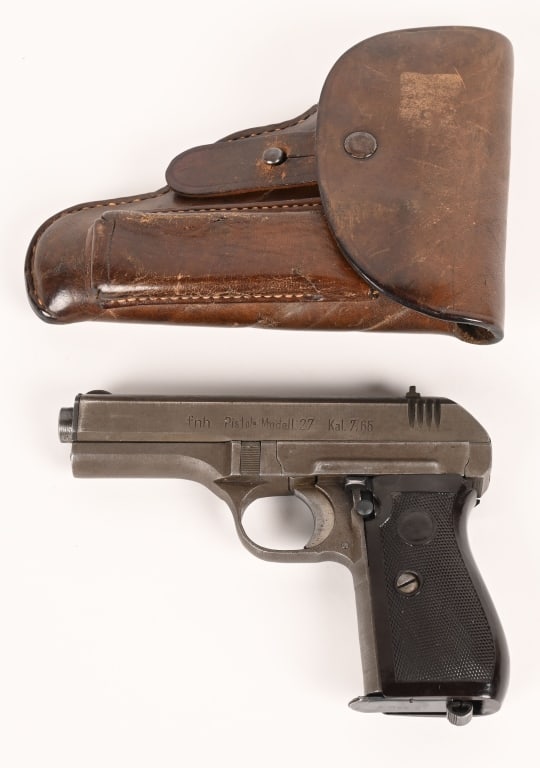 CZ FNH MODEL 27 7.65 MM NAZI MARKED W/ HOLSTER: SERIAL NUMBER: 425923. BARREL: 3 7/8". CALIBER: 7.65MM. MANUFACTURED: 1940 - 1944. Metal is Blue steel with standard sights. Grips are bakelite Nazi eagle proof mark on barrel and slide. Holster is