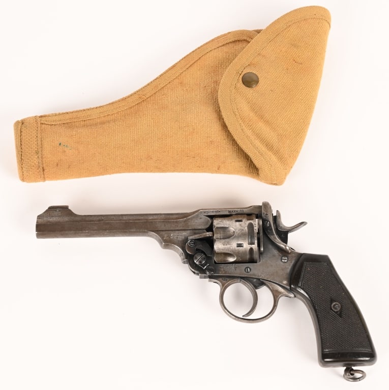 WEBLEY MARK VI 1916 45 CAL REVOLVER WITH HOLSTER: SERIAL 240417. BARREL 6". CALIBER .45 ACP. On May 24, 1915, the Webley Mk VI was adopted as the standard sidearm for British and Commonwealth troops and remained so for the duration of the First