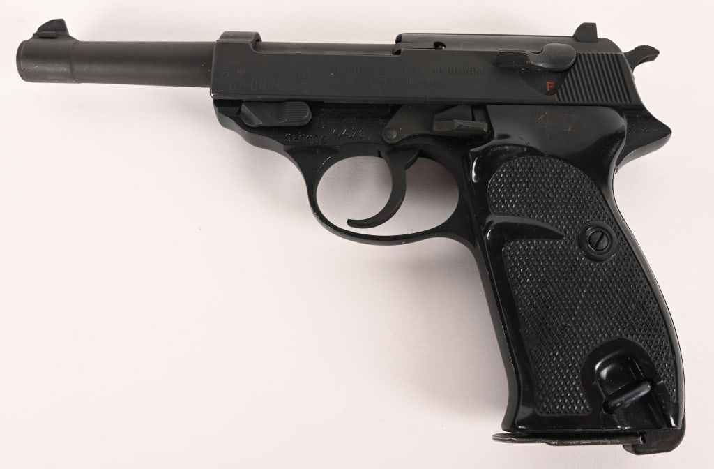 POST WAR WALTHER P38 COLD WAR 12/59 DATE 9MM: SERIAL NUMBER: 080056 BARREL: 4" CALIBER: 9 MM MANUFACTURED: 1959 Import marked on the frame. A 1959-dated Walther P38 is a desirable early post-war West German pistol, often featuring an aluminum all