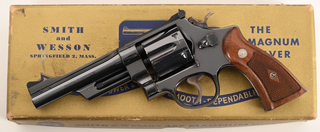 SMITH & WESSON PRE MODEL 27 5" .357 MAGNUM: SERIAL NUMBER: S103158. BARREL: 5". CALIBER: .357 Magnum. MANUFACTURED: 1954. Built on the five screw N-frame this sought after Pre Model 27 aka .357 Magnum Model of 1950 is equipped with a 5"