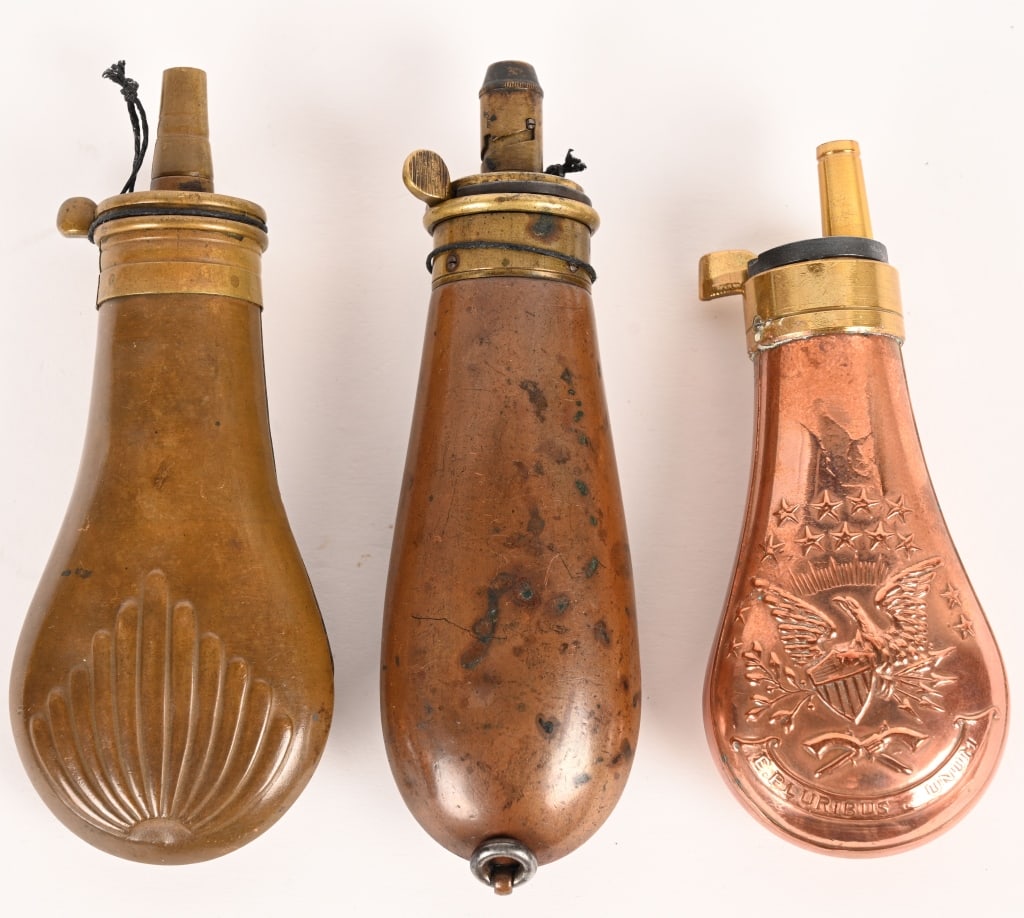 3- BRASS & COPPER PISTOL POWDER FLASKS (1 of 2)