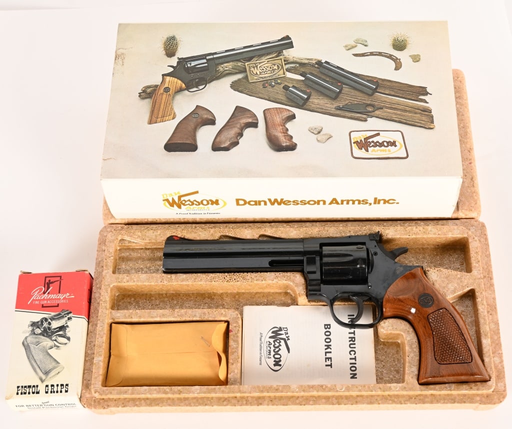 DAN WESSON MODEL 15-2H REVOLVER W/ BOX: SERIAL NUMBER: 149193. BARREL: 6". CALIBER: .357 MAGNUM / .38 SPECIAL. MANUFACTURED: LATE 1970s. The Model 15-2H is a heavy-barrel version of the Model 15. This DA revolver showcases its