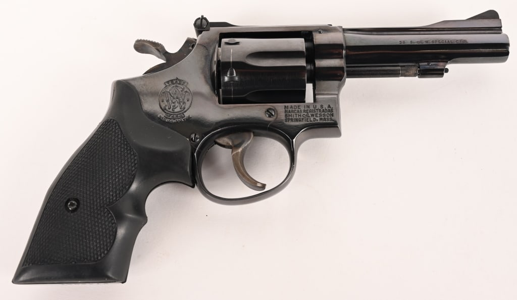 SMITH & WESSON MODEL 15-3 COMBAT MASTERPIECE: SERIAL NUMBER: K726051 BARREL: 4” CALIBER: 38 SPECIAL MANUFACTURED: 1967 Built in 1967 on the three screw K-frame this Model 15-2 AKA .38 Combat Masterpiece is equipped with a 4" barrel,