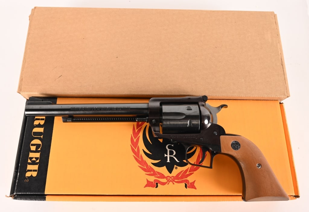 RUGER NEW BLACKHAWK 357 MAXIMUM ANIB SLEEVE: SERIAL NUMBER: 600-10433 BARREL: 7 1/2” CALIBER: 357 MAXIMUM MANUFACTURED: 1983. This scarcely seen Ruger New Model Blackhawk is equipped with a 7 1/2" barrel, original blue finish and factory