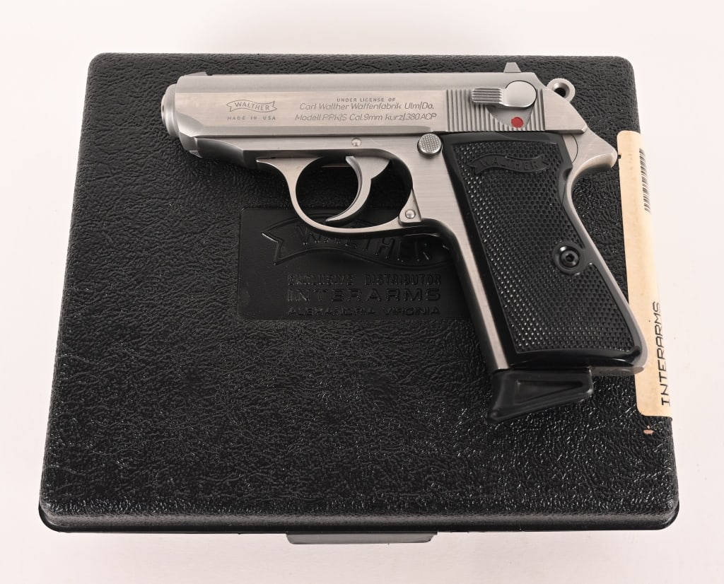 INTERARMS WALTHER PPK/S 380 AUTO STAINLESS: SERIAL NUMBER: S119125 BARREL: 3 1/4” CALIBER: 380 AUTO MANUFACTURED: 1985. This stainless steel Interarms Walther PPK/S is complete in the original numbers matching hard case with the numbered