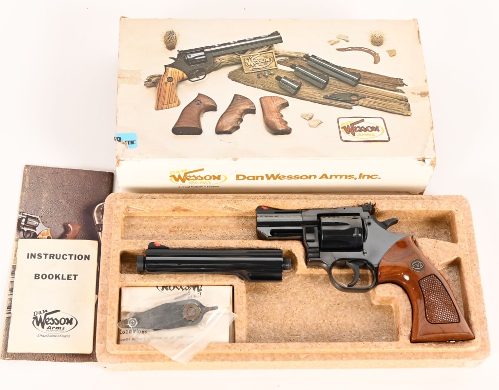 DAN WESSON MODEL 15-2 .38 SPECIAL BOXED: SERIAL NUMBER: 146943 BARREL: 2 1/2 AND 6” CALIBER: 38 SPECIAL MANUFACTURED: 1978. Complete in the original two piece box with sleeve, this awesome Model 15-2 Dan Wesson is equipped with the 2
