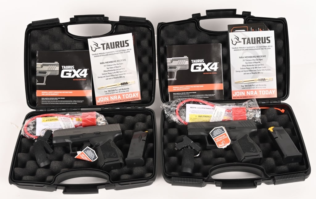 LOT OF TWO TAURUS GX4 SEMI AUTOMATIC PISTOLS: TAURUS GX4 SEMI AUTO PISTOL SERIAL NUMBER: 1GC06201. BARREL: 3". CALIBER: 9X19. This micro compact pistol features an easy takedown pin, flat face serrated trigger, front and rear slide cuts, adjustab