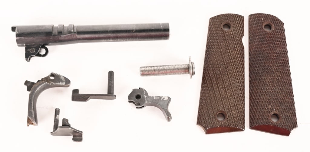 WW2 ERA 1911 PARTS SET WITH GRIPS.: Parts include Barrel marked COLT 45 AUTO. Hammer, Safety, Slide release, Grip safety, Recoil spring guide and era grips.