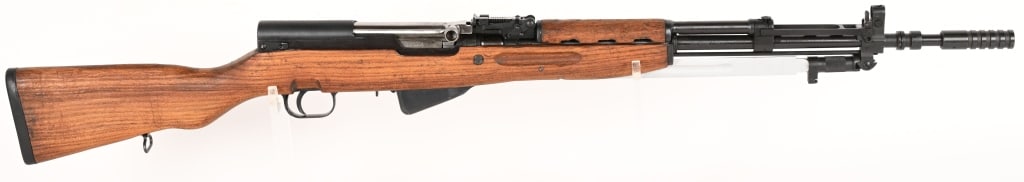 YUGOSLAVIAN M59/66 SKS SEMI AUTOMATIC RIFLE: SERIAL NUMBER: N-550757. BARREL: 24". CALIBER: 7.62X39. Inter Ordinance import marked on the barrel. All serial match except bolt. Post front sight and rear tangent. Standard flip up night and grenade
