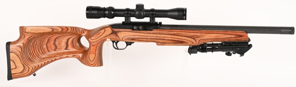 RUGER 10/22 KSA THREADED BARREL & SCOPE COMBO: SERIAL NUMBER: 246-65074. BARREL; 16 1/2". CALIBER: .22 LR. MANUFACTURED: 1997. This 10/22 has major upgrades that include a K.S.A. carbon fiber threaded bull barrel (1/2x28), carbon fiber bipod (3"-9