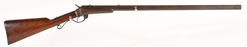 A. H. PLIMPTON 10 GAUGE TIP UP SHOTGUN: SERIAL NUMBER: NSN. BARREL: 32 1/4". CALIBER: 10 GAUGE, MFG: Late 19th Century, Scarce 10 gauge shotgun made by A.H. Plimpton, Honeoye, New York. The shotgun features full length octagon barrel, v