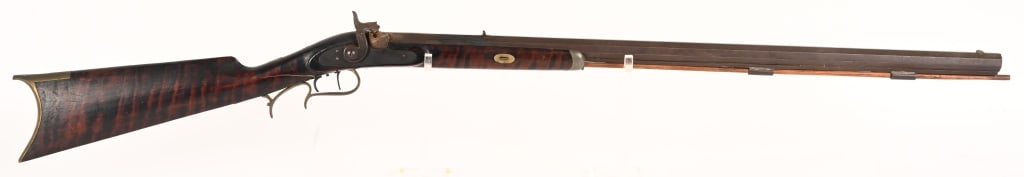 P. POWELL CINCINNATI OHIO PERCUSSION RIFLE: SERIAL NUMBER: NSN. BARREL: 30". CALIBER: riled about .32, MFG: Mid 19th Century. The rifle features a full length octagon barrel with V notch rear sight and blade front sight. Barrel is marked ''P.
