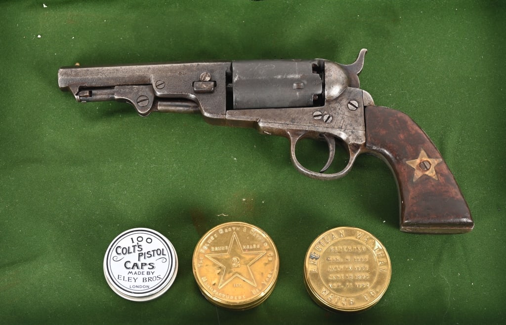 EUROPEAN BREVETTE COLT NAVY REVOLVER: SERIAL NUMBER: 115094, BARREL: 4" CALIBER: 36, MANUFACTURED: 1860's. 1860s European made Colt Navy caliber revolver. Has indiscernible markings on the octagon barrel. Two piece grips have 5 pointed