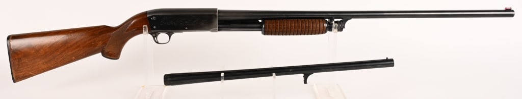 ITHACA MODEL 37 PUMP ACTION 16 GA. SHOTGUN: SERIAL NUMBER: 549699. BARREL: 28". CALIBER: 16 GAUGE. MANUFACTURED: 1960s . Standard markings and game scene engraving on the frame. Brass bead front sight. Original blued finish and oiled wood stock