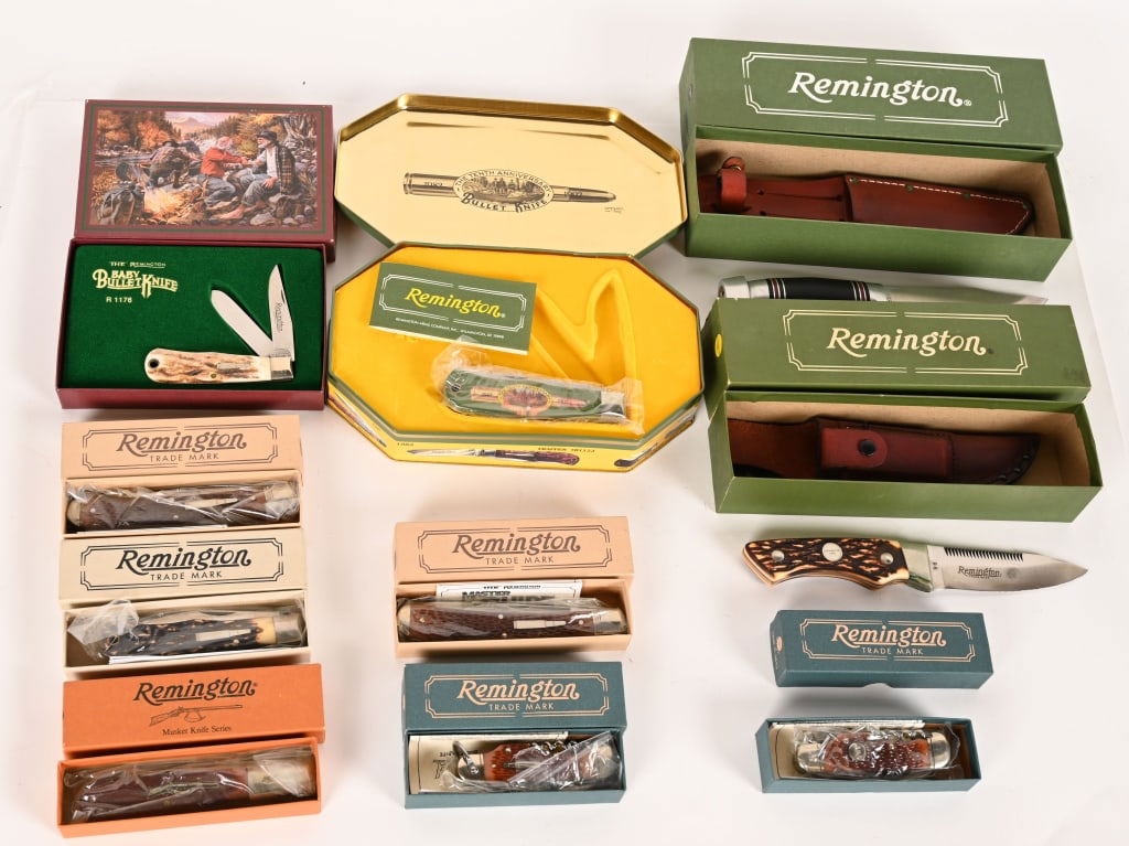 LOT OF 10 REMINGTON POCKET KNIVES: This lot contains 10 Remington pocket knives that are As New unless otherwise noted. (2) Trailhand Bullet Knife, 1996. R-3843 (2) The Master Guide Bullet Knife R1273 (1) Hunting Knife RH-134. (1)