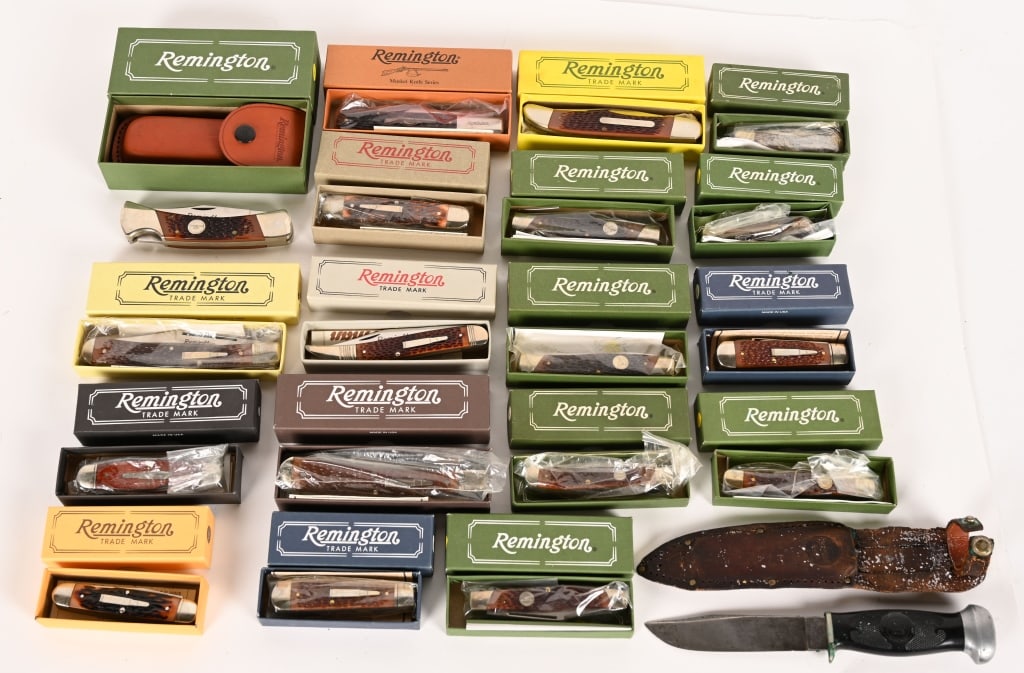 LOT OF 18 REMINGTON BULLET KNIVES & FIXED BLADE: Collect them All ! This lot contains18 Remington knives in As New with brass (where applicable) showing trace verdigris condition unless otherwise noted. (1) RH28 Fixed Blade Hunting Knife. BLADE: 4