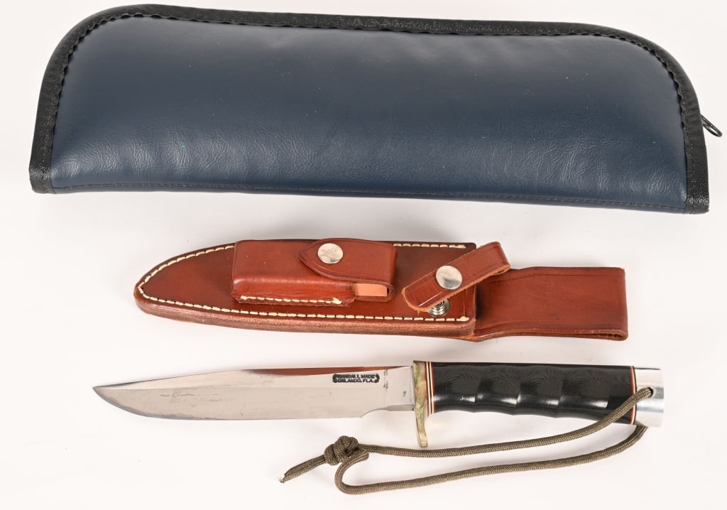 RANDALL MADE MODEL 4 FINGER GROOVE KNIFE: BLADE: 6 1/8". OAL: 10 7/8". This model 4-6 from Randall Made Knives has an upswept satin finished blade with false top edge, 0.22" blade stock and 1.17" blade depth, hidden tang construction. The han