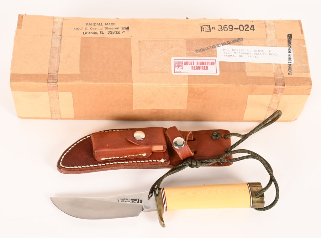 RANDALL MADE MODEL 20 YUKON SKINNER: BLADE: 4 1/2". OAL: 9 1/8". This Model 20 from Randall features a satin finished upswept stainless steel blade with notched thumb rest, 0.23" blade stock and 1.03" blade width, hidden tang