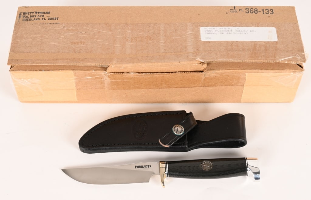 RANDALL MADE RANDALL KNIFE SOCIETY KNIFE: BLADE: 4 1/2". OAL: 9". 258 out of 1089 made, this knife features a beautify linen micarta handle, nickel plate brass guard, black and duralumin spacers, and high polish duralumin pommel. Leather