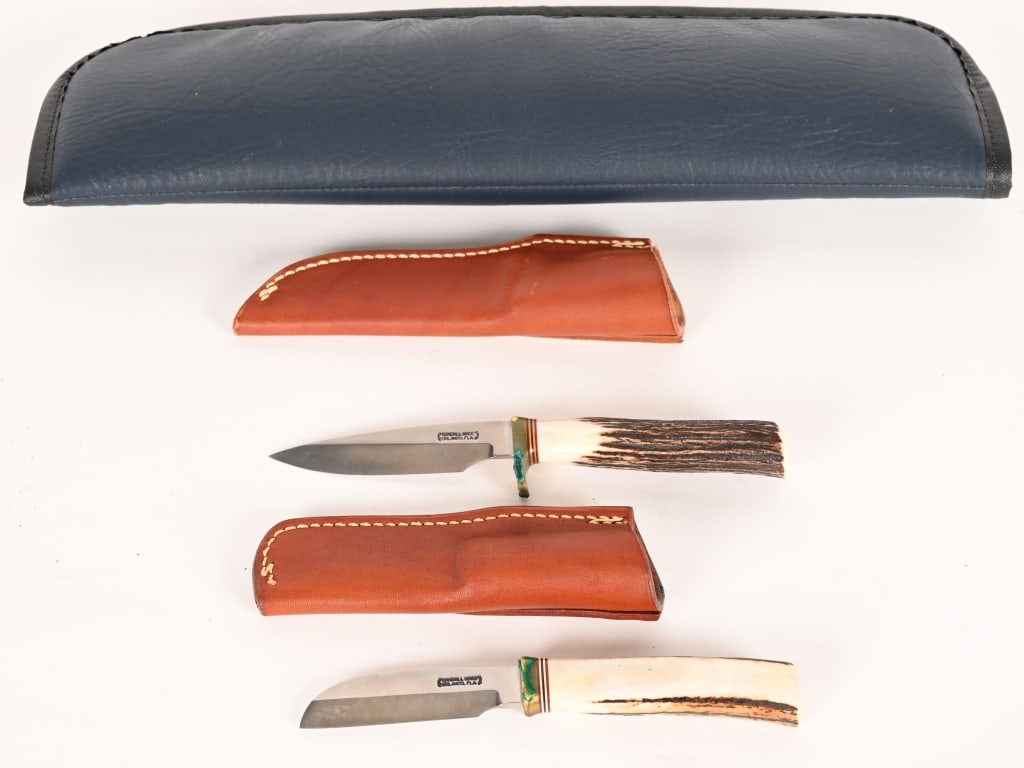 RANDALL MADE CATTLEMAN & YACHTSMAN: RANDALL MADE CATTLEMAN & YACHTSMAN KNIFE BLADE: 3 3/8". OAL: 7 1/2". Sheep’s foot design blade. Thumb notches. Reduced-only brass hilt. Approximately 4" flat-sided stag handle. Leather sheath.