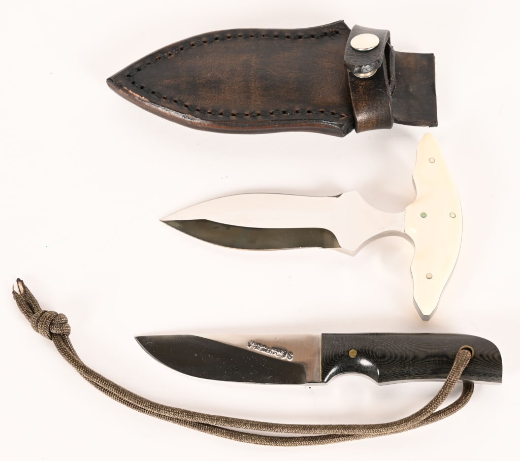 RANDALL MADE MODEL 10 & "RH" PUSH DAGGER: RANDALL MADE MODEL 10 SALT FISHERMAN KNIFE BLADE: 3". OAL: 6 1/8". BLADE STOCK: 0.13". BLADE DEPTH: 0.88. This Model 10 Salt Fisherman and Household Utility features a satin finish blade with notched