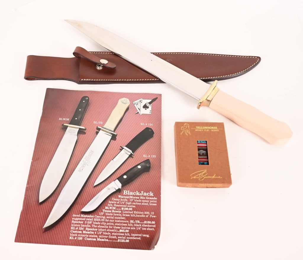 BLACKJACK TEXAS BOWIE AND YELLOWHORSE CLIP: (1) David Yellowhorse Money clip. Nickel silver clip with channel inlay of desert ironwood, orange spring oyster, black jet and inlaid silver and turquoise. (1) BLACKJACK TEXAS BOWIE. BLADE: 12 3/4" O