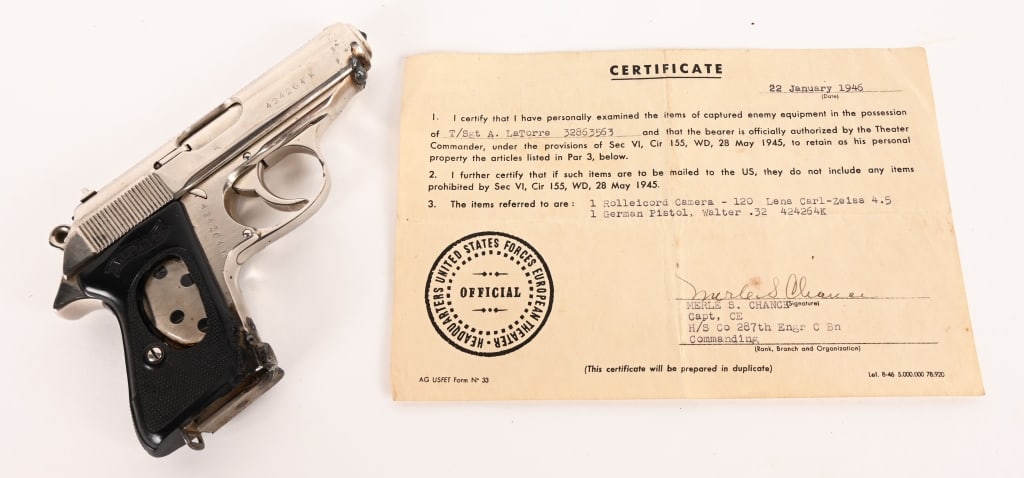 WALTHER PPK SS SERIAL NUMBER RANGE DISPLAY GUN: SERIAL NUMBER: 424264K BARREL: 3-1/4". CALIBER: .32 ACP/7.65MM. MANUFACTURED: 1940's . Comes with war trophy paperwork. Nickel plated and welded shut WW2 era PPK for a display piece. Serial number