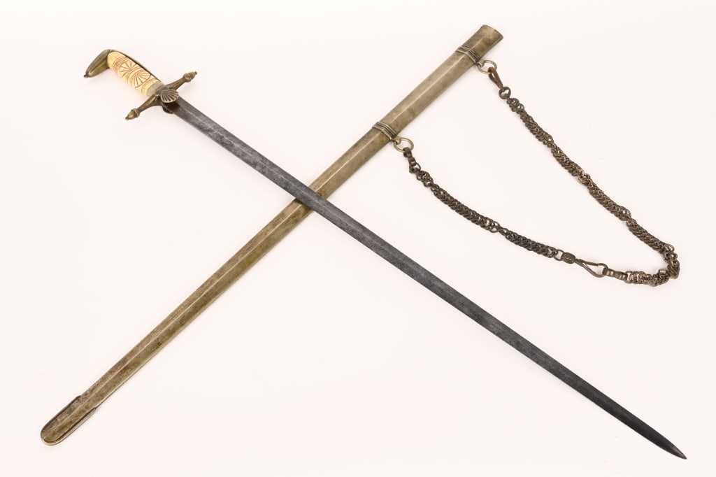 US MILITIA STAFF OFFICERS SWORD BY CABOTVILLE AMES: U.S. Militia Staff Officer's Sword with Engraved Blade – with a 29” Straight Single Double Blade Embossed w/ Eagle with Crest of Arms & Floral Design – w/ Single Piece Bone Grip with