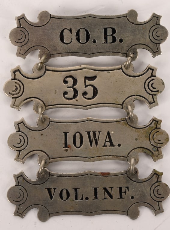 CIVIL WAR CO. B 35TH IOWA INFANTRY LADDER BADGE: An attractive 4 place Civil War Ladder badge for Co. B 35th Iowa Volunteer Infantry. Excellent. Overview: Organized at Muscatine and mustered on September 18, 1862. Duty at Camp Strong till