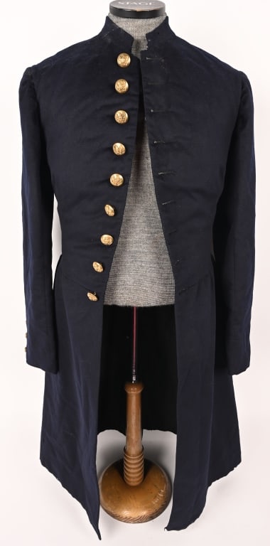CIVIL WAR FEDERAL INFANTRY OFFICER’S FROCK COAT: This is a very good example of the classic Civil War Union officer’s regulation frock coat, all original and bearing “Eagle-I” buttons indicating service in the infantry. The coat