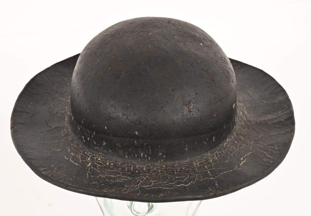REVOLUTIONARY WAR ERA LEATHER SAILORS HAT OR CAP: In overall very good untouched condition with the expected signs of use and wear. Of single piece, approx. 1/4" thick, boiled & pressed, leather construction; and of American Revolutionary War Period
