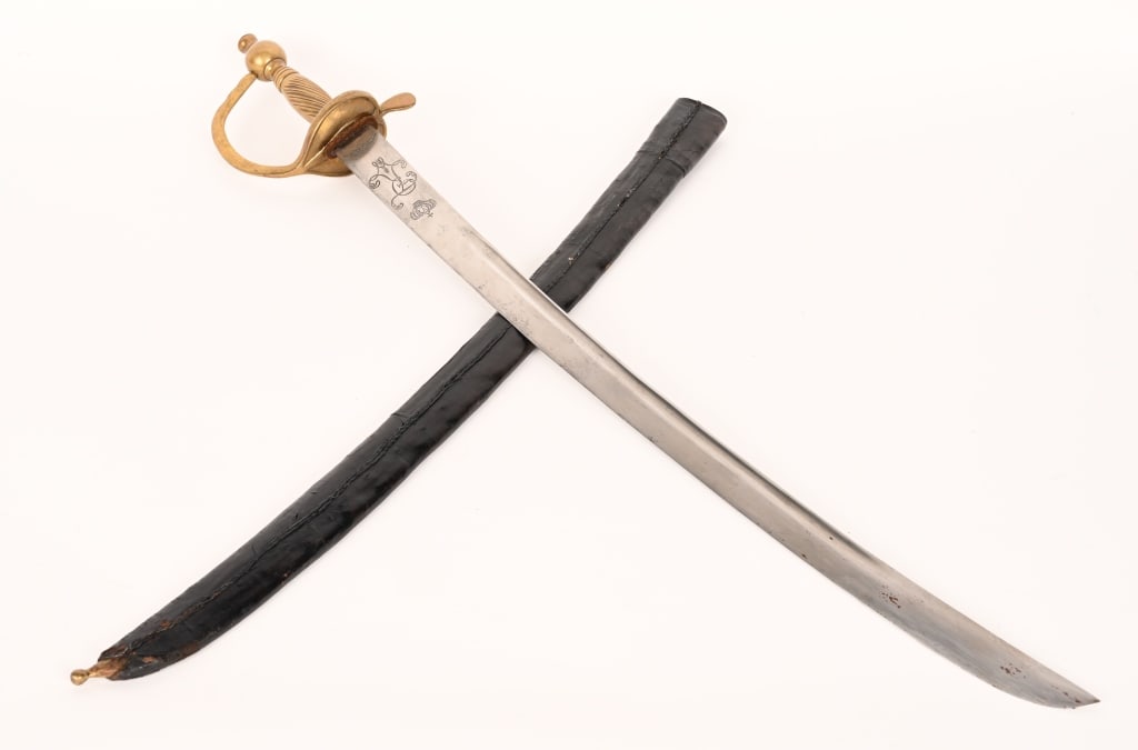 PRUSSIAN M1715 INFANTRY SABRE W SCABBARD WATERLOO: Two-piece cast brass guard featuring heart-shaped guard with rear quillon and integral knucklebow joining the pommel. Solid brass grip with spiral grooving on the obverse and smooth on the reverse wit