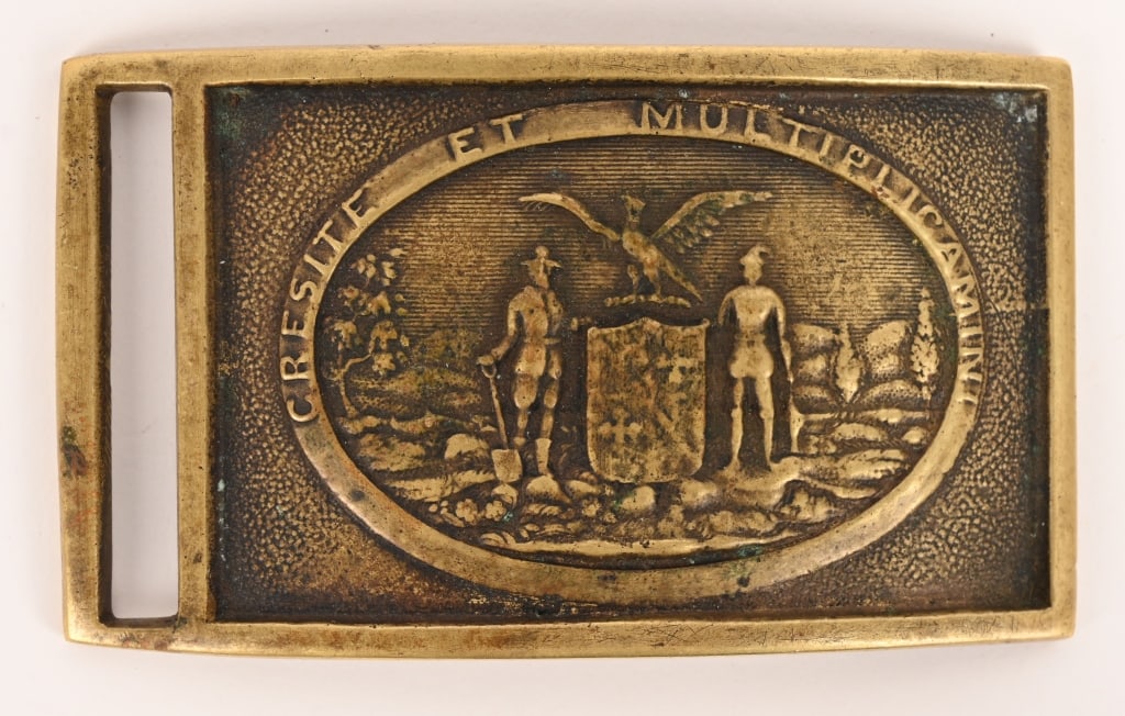 CIVIL WAR MARYLAND STATE BELT BUCKLE: Nice non dug buckle. There is wear to the embossed details of the Maryland state seal, and a slight curvature due to the buckle being worn. Measures about 3 3/8" by 2" Very Good-Excellent