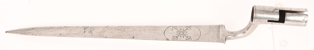 IMPERIAL RUSSIA CATHERINE II GUARDS SOCKET BAYONET: This bayonet is in fine original condition. Circa 1880. No scabbard. Fine blade with a fine double headed eagle on one side and some other cross motive on the other. Excellent stamps on the elbow and