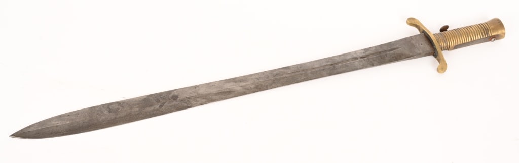 ENGLISH BRUNSWICK RIFLE M1837 BAYONET: This bayonet for the Brunswick military rifle M1837. These are kind of a mix between the saber bayonet and an artillery short sword. They have the double edged wide blade like the short swords have bu