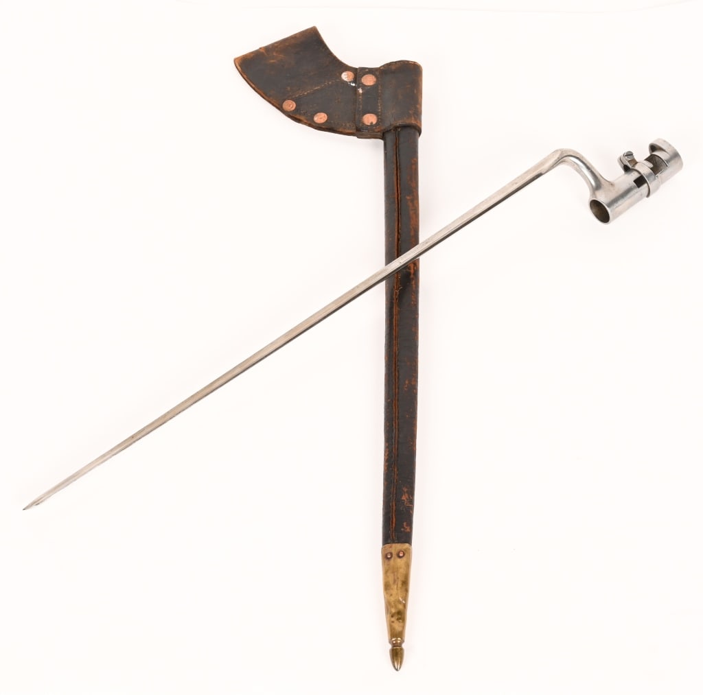 CIVIL WAR .58 CALIBER SOCKET BAYONET and SCABBARD: Measures 21" with a 17 3/4". Metal is smooth and polished and scabbard is excellent with a 5 rivet buff leather frog. Excellent