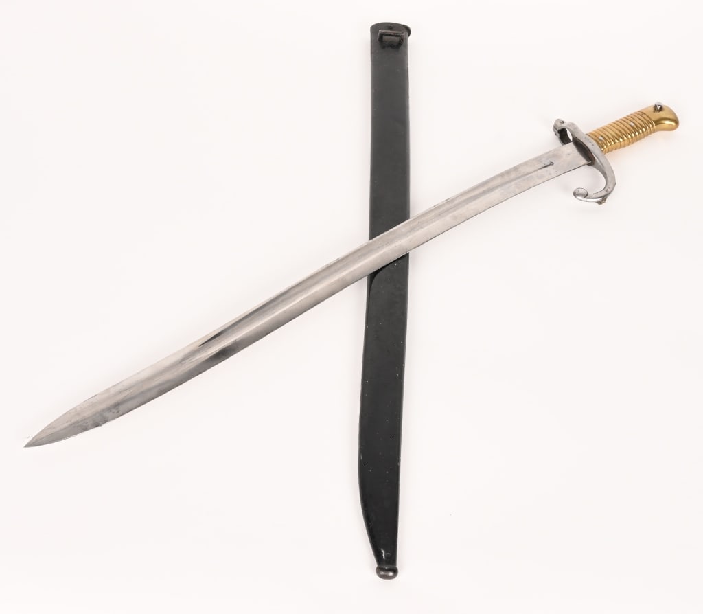 CIVIL WAR FRENCH STYLE CONFEDERATE BAYONET: Impeccable condition Confederate Civil War era bayonet. Overall length is 26 7/8 inches. Blade length is 22 1/4 inches. Push button release is fully functional and smooth. Serial number stamped 5985