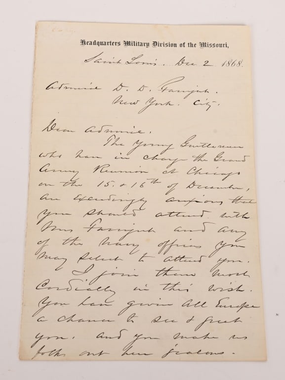W.T. SHERMAN CONVINCES FARRAGUT TO ATTEND REUNION: W.T. Sherman Convinces Farragut to attend a Reunion 3pp ALS written to Admiral David Farragut, and signed by the legendary Civil War General William Tecumseh Sherman (1820-1891) as "W.T. Sherman /