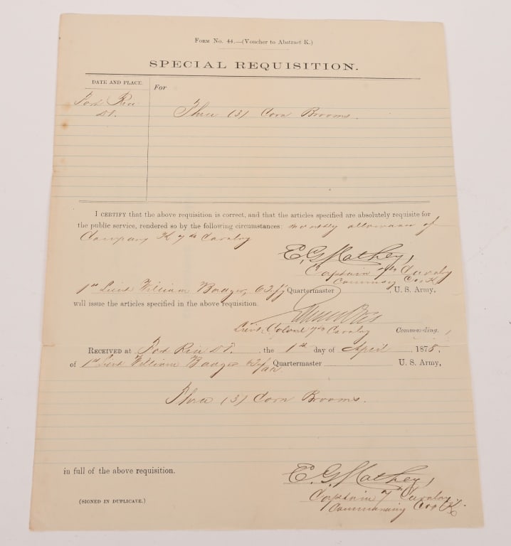GEORGE A. CUSTER: EDWARD G. MATHEY SIGNED DOCUMENT: Officer in the 7th Cavalry who commanded the pack train at Little Bighorn (1837–1915). Scarce partly-printed DS, signed twice, “E. G. Mathey,” one page, 8.5 x 11, April 1, 1878.