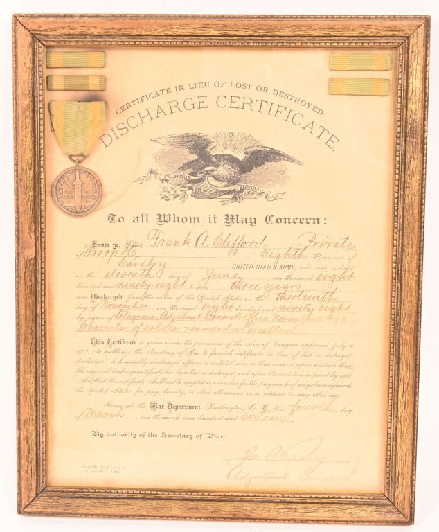 MEXICAN BORDER SERVICE MEDAL & DISCHARGE 18TH CAV: Attractive framed Mexican Border Service medal and Discharge Certificate that was awarded to Frank A. Clifford of the 18th Cavalry. The medal is numbered on the rim 7295 with minor fading to the ribbo