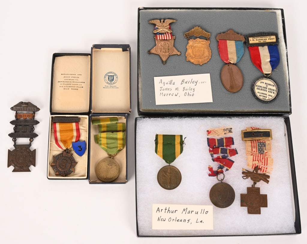 GAR & SPANISH AMERICAN WAR MEDAL LOT NUMBERED: Lot of US medal to include 1) CASED NATIONAL GUARD SPANISH WAR MEDAL. Number matches the box to the medal 4482 and is in excellent condition. 2) CASED 8 YEAR LONG SERVICE MEDAL NUMBERED. Medal is numb