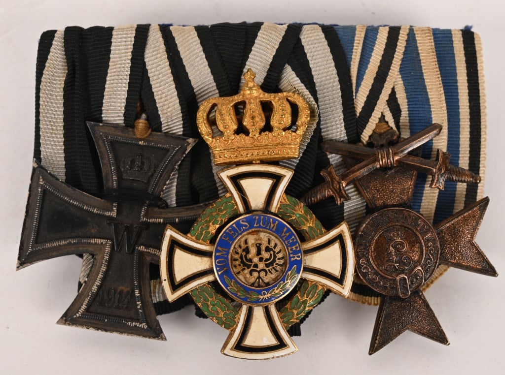 WW1 IMPERIAL GERMAN MEDAL BAR EKII HOHENZOLLERN: WW1 Imperial German three place medal bar to include 1) IRON CROSS 2ND CLASS. 1914 pattern, die struck, three piece, iron and alloy construction Pattée style cross with a single piece iron core a